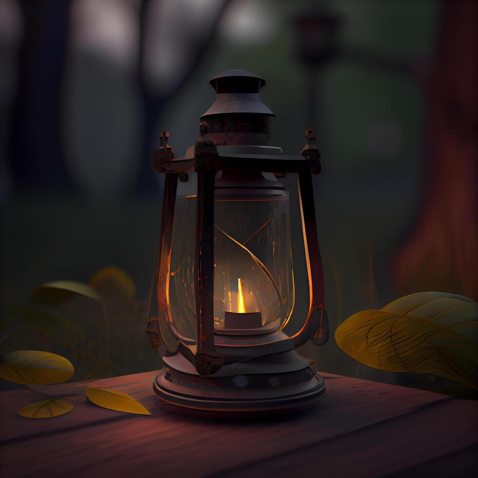 Lantern with a burning candle in the dark forest. illustration., Image photo
