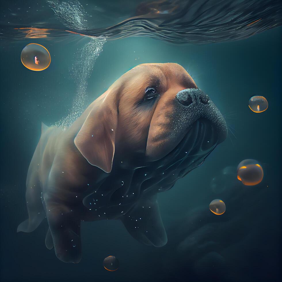 bullmastiff underwater with bubbles in the ocean. 3d rendering, Image photo