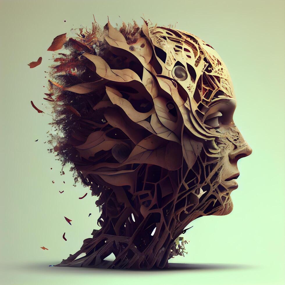 Human head made of leaves and roots. 3d render illustration., Image photo
