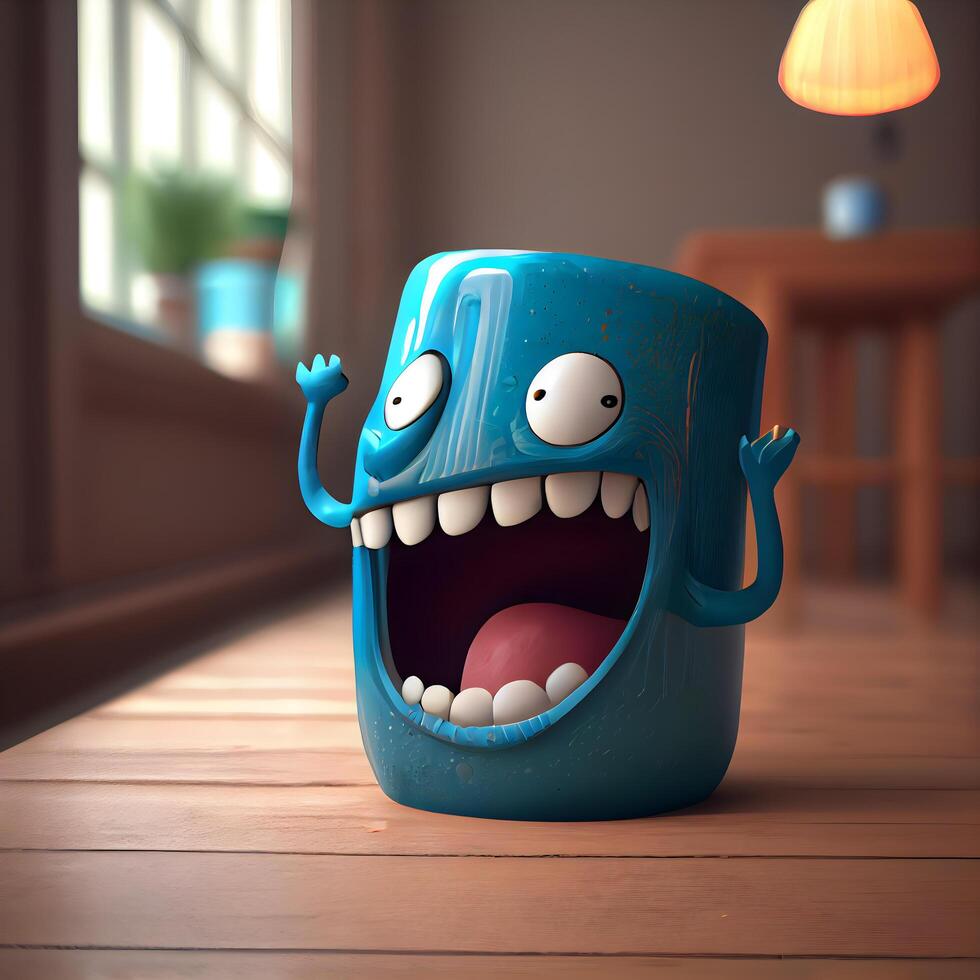 Funny blue bucket with smiley face. 3d illustration., Image photo