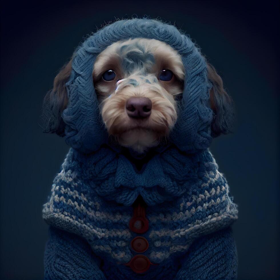 Portrait of a dog in a warm knitted scarf on a dark background., Image photo