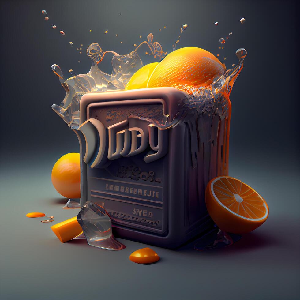Citrus juice in a black box. 3d illustration., Image photo
