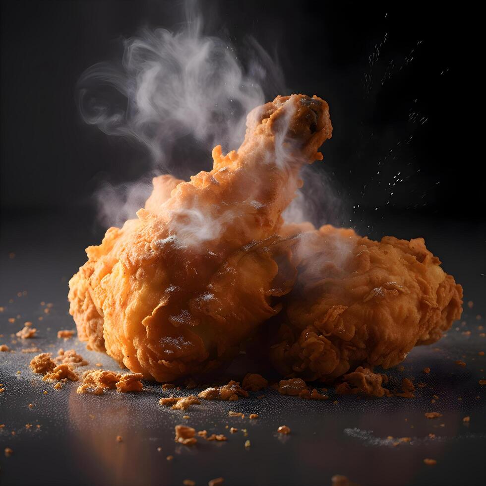 Fried chicken on a black background with splashes of water., Image photo