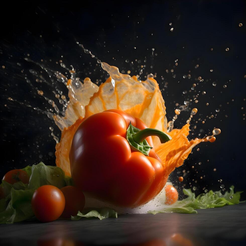 Red bell pepper with water splash on a black background. Close up, Image photo