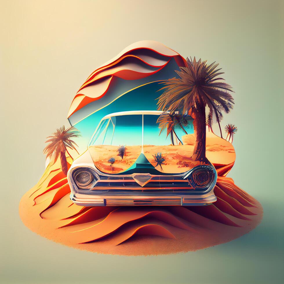 retro coche en el playa con palma arboles 3d representación, ai generativo imagen foto