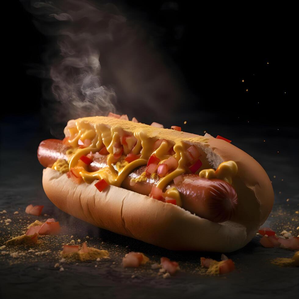 Hot dog with mustard and ketchup on a black background. Selective focus., Image photo