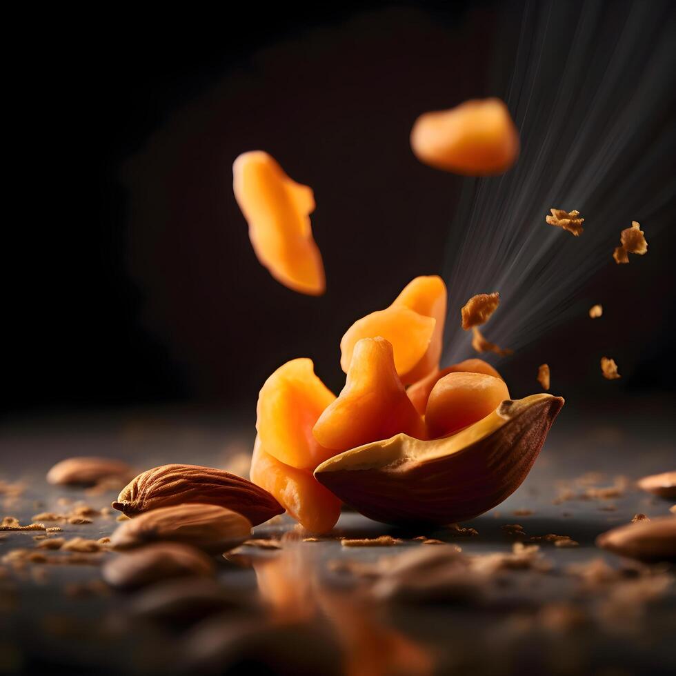 Mix of dried fruits and nuts in a basket on a black background, Image photo