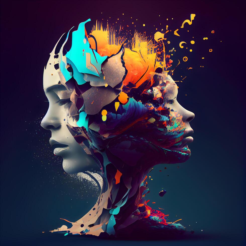 Abstract human head with colorful paint splashes on dark background. 3d rendering, Image photo