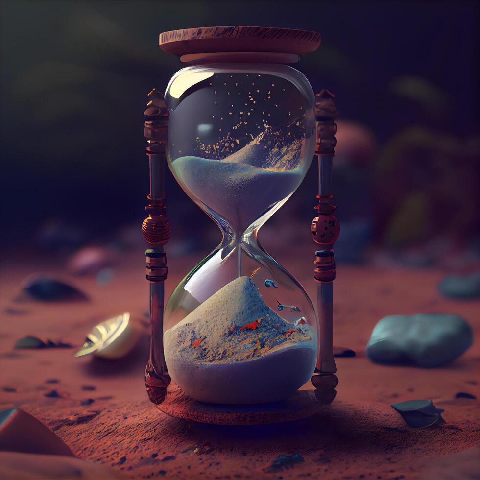 Hourglass with sand in the desert. 3d render illustration., Image photo