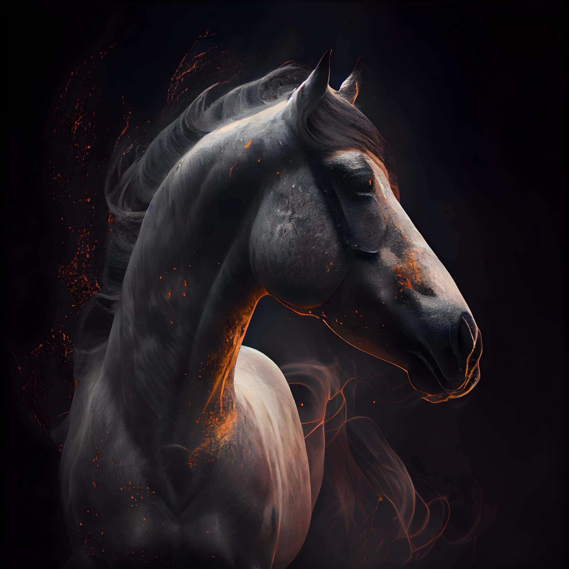 Horse with fire effect on black background. 3D illustration., Ai