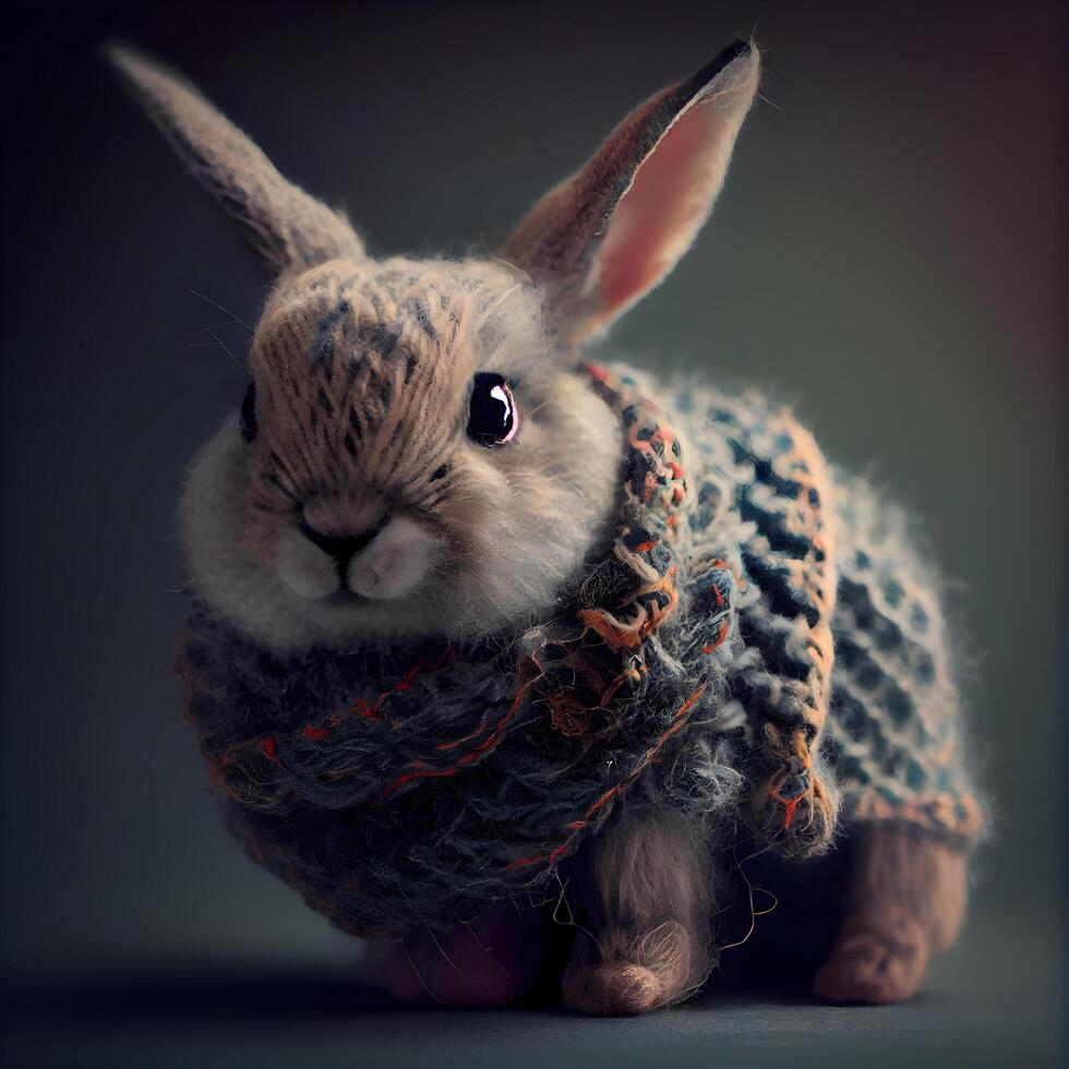 Cute little rabbit wearing a knitted scarf on gray background., Image photo