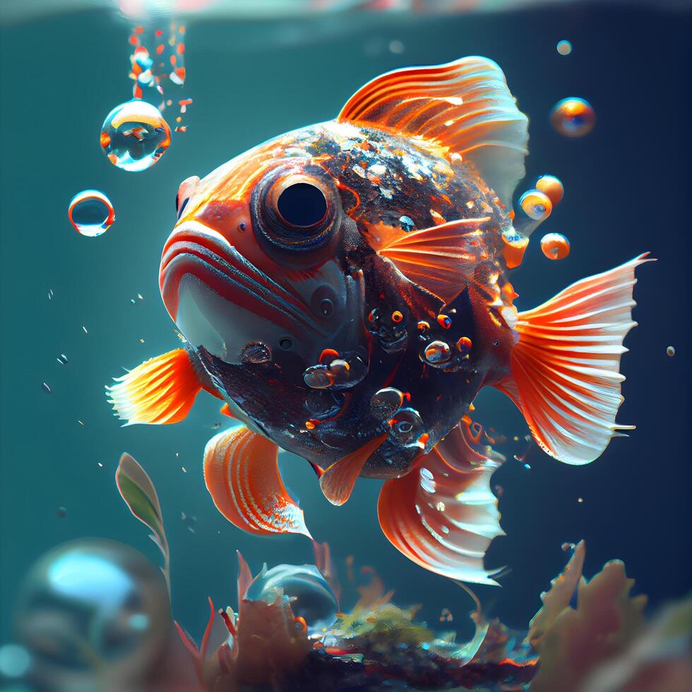 3d render of a goldfish swimming in the water with bubbles, Image photo