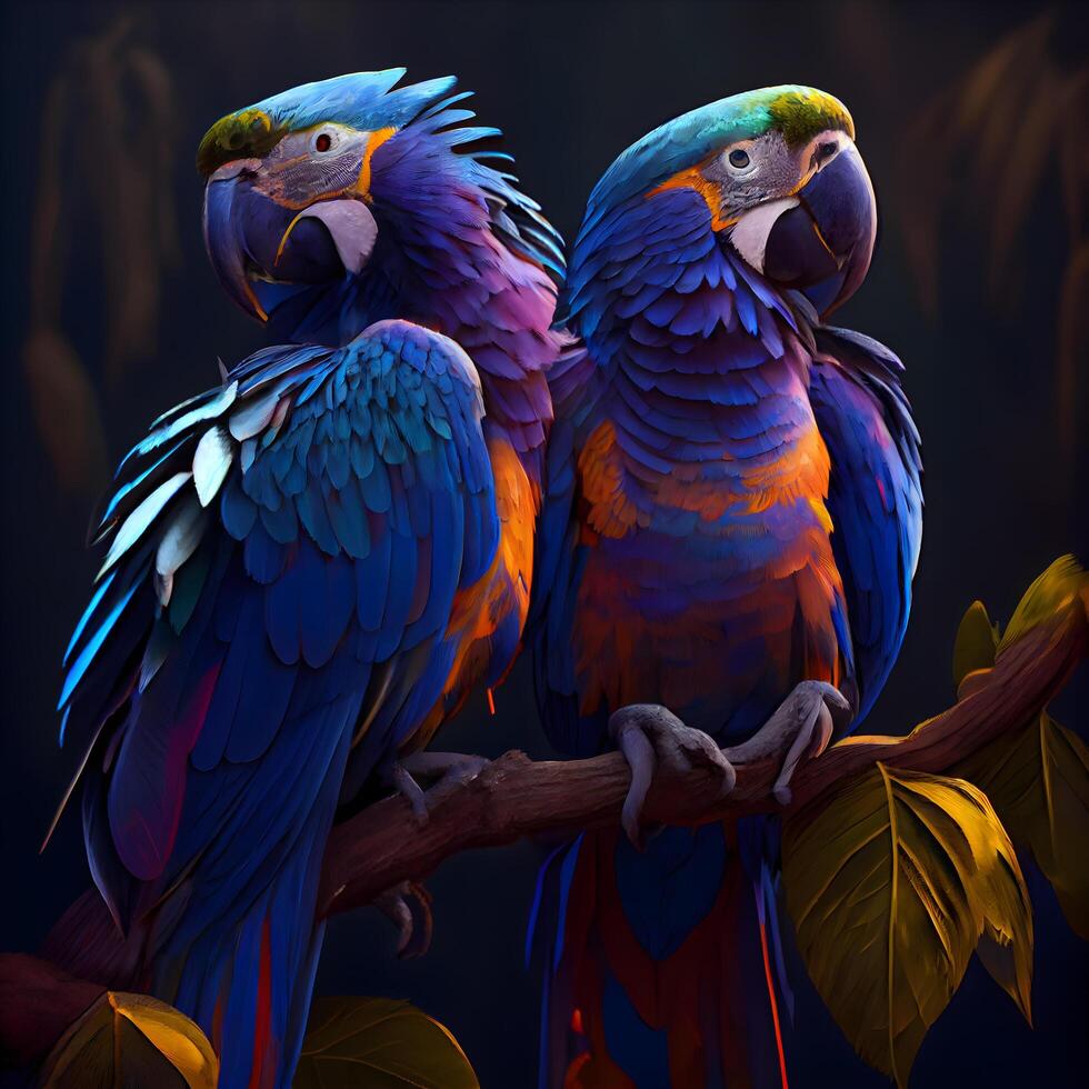Colorful macaw parrots sitting on a branch. 3d rendering, Image photo