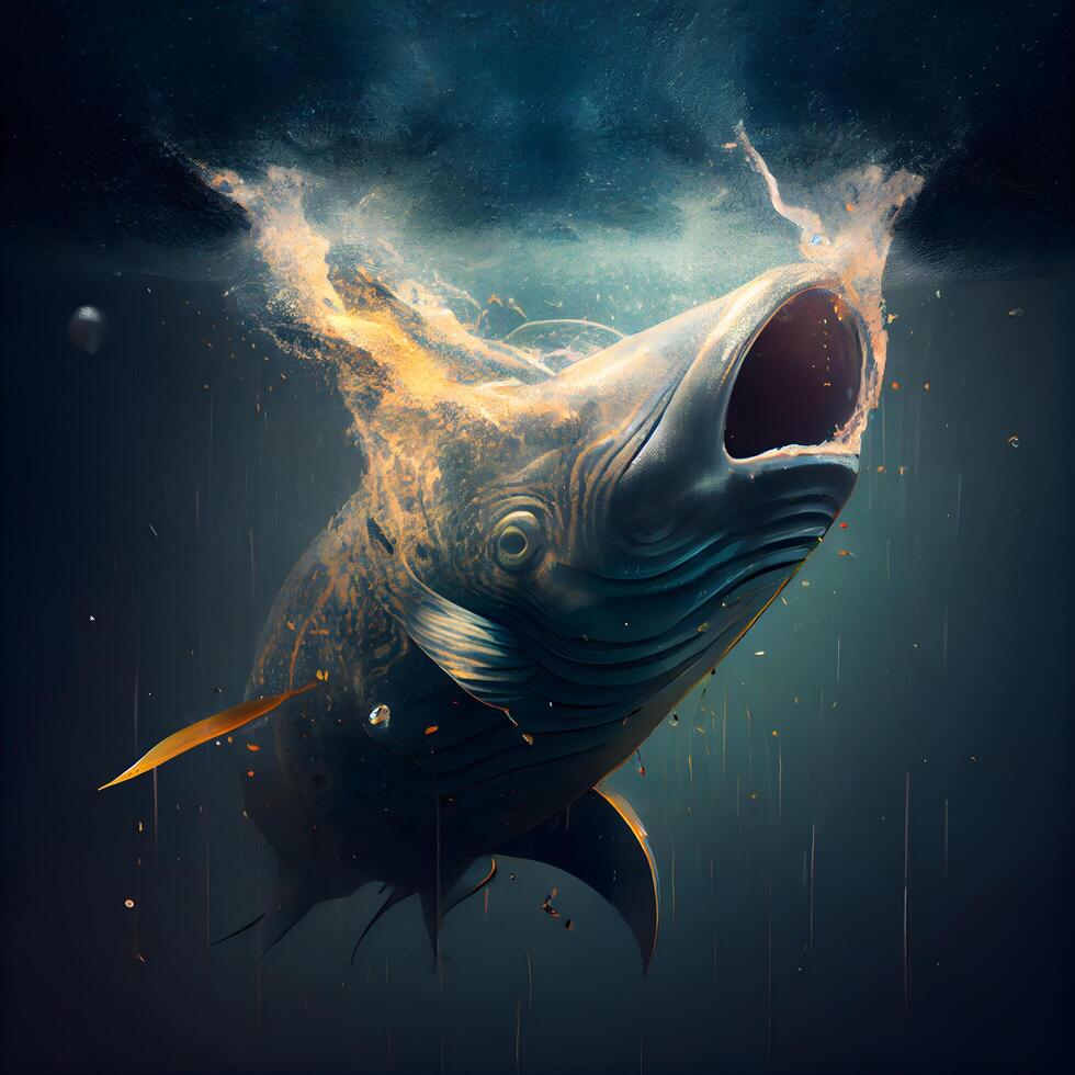 Shark breaking through the water. Illustration on dark background., Image photo