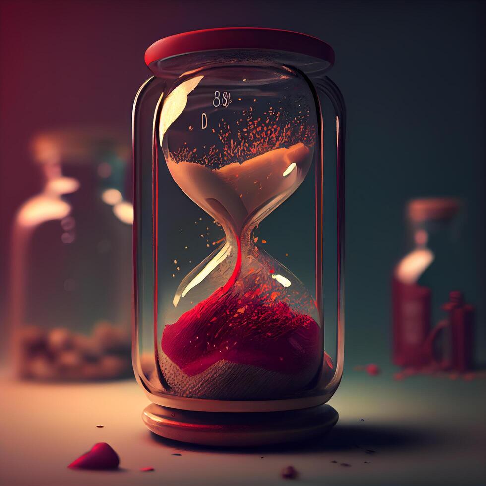 Hourglass with red sand inside. Concept of time passing. 3d rendering, Image photo