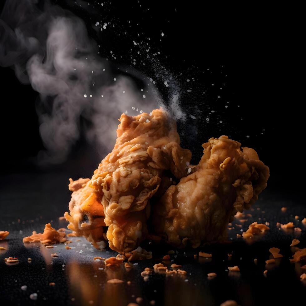 Fried chicken on a black background with smoke. Toned., Image photo