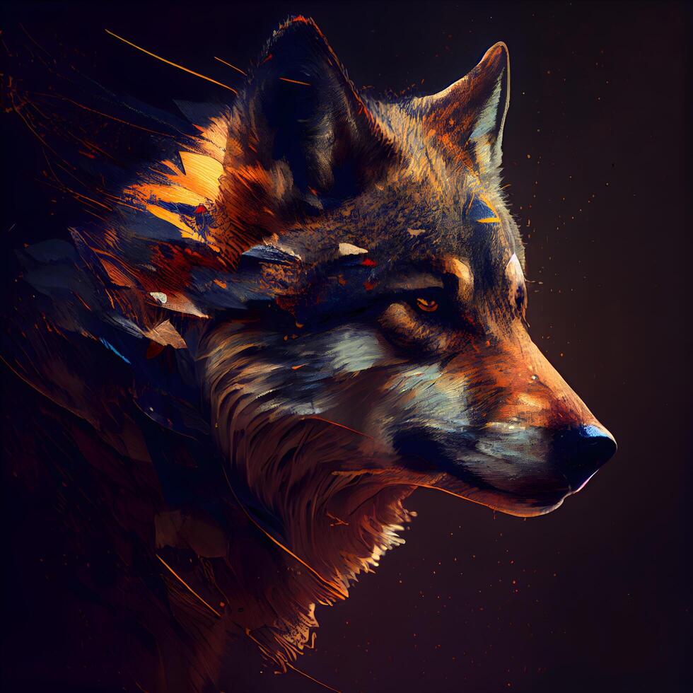 Portrait of a wolf with a fire effect. Abstract background., Image photo