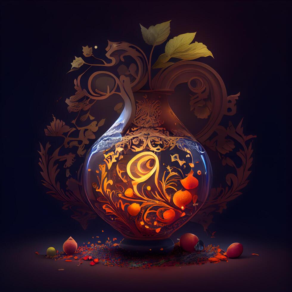 illustration of a vase with floral ornament on dark background., Image photo