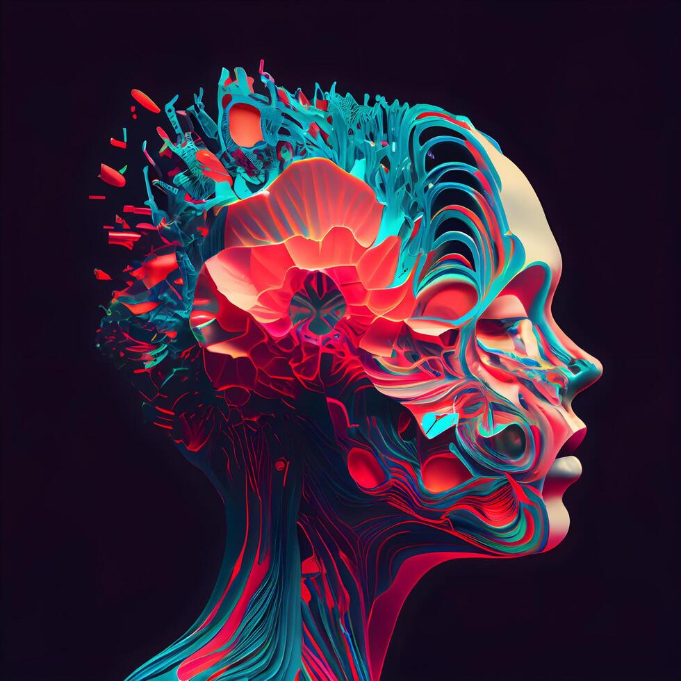 3d representación de un hembra cabeza con rojo y azul degradado en un negro fondo, ai generativo imagen foto