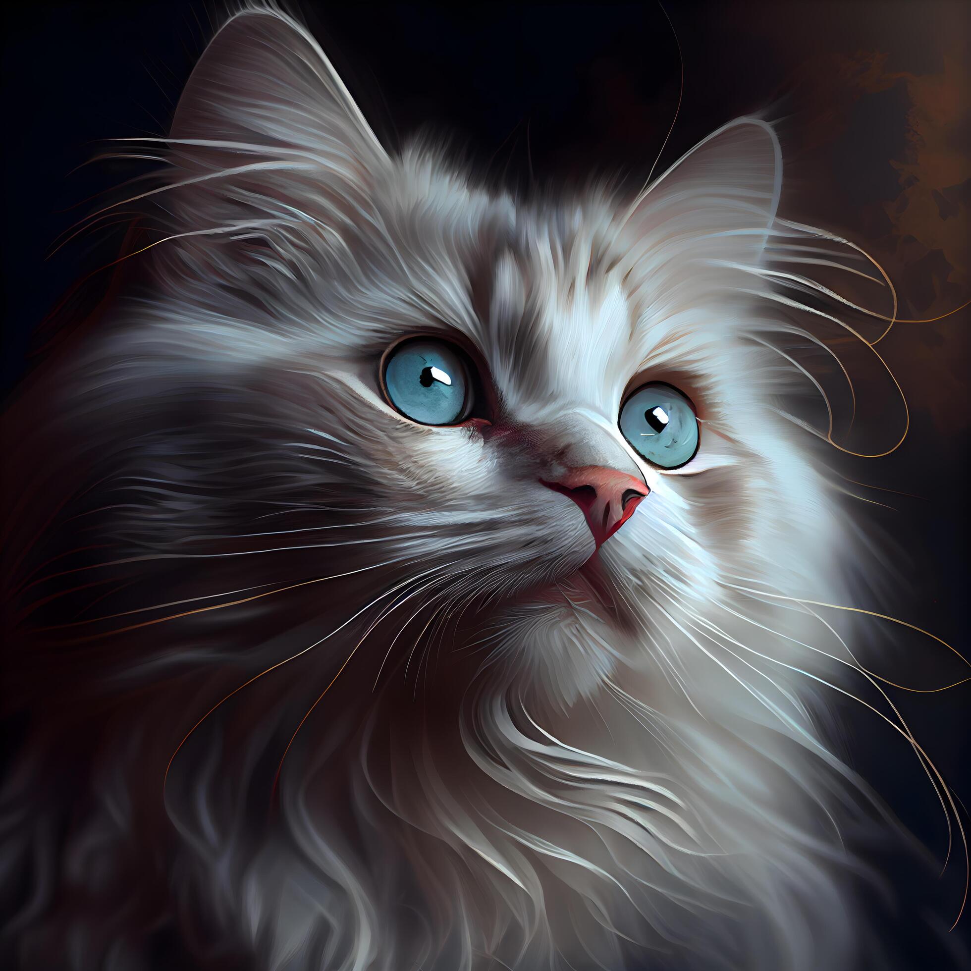 Portrait of a beautiful white cat with blue eyes on a dark
