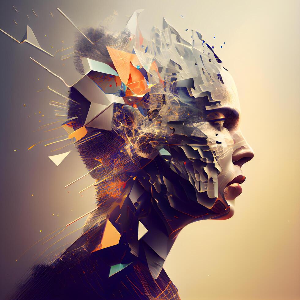 Double exposure portrait of a woman combined with geometric shapes. 3D rendering, Image photo