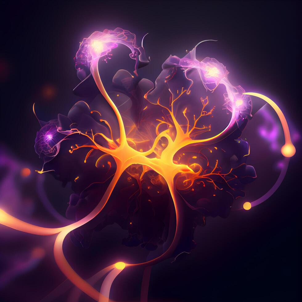 Illustration of a human nerve cell with glowing light in the center, Image photo