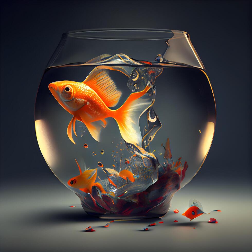 pez de colores en un pez de colores cuenco en un oscuro antecedentes. 3d representación, ai generativo imagen foto