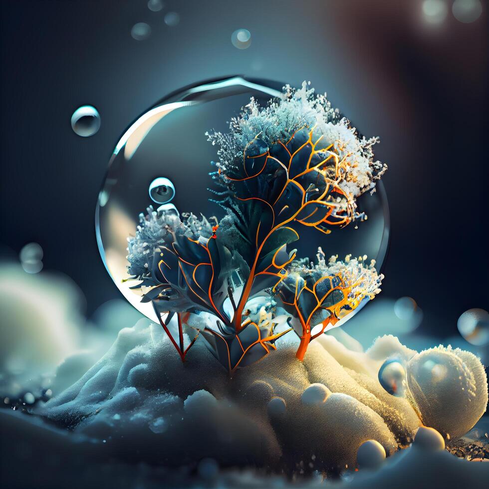 3d illustration of abstract background with crystal ball and tree in water, Image photo