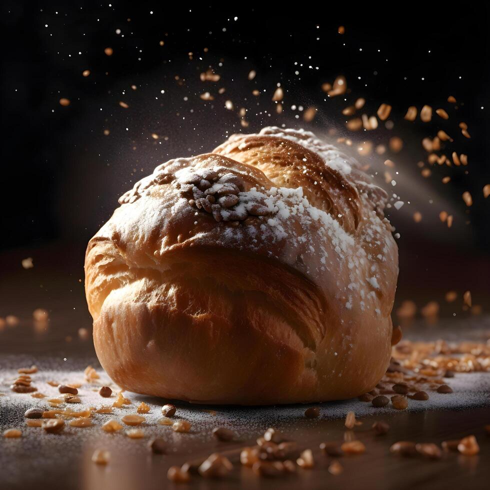 Chocolate muffin on black background with splashes of cocoa powder, Image photo