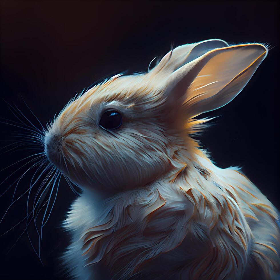 retrato de un blanco Conejo con azul ojos en un negro fondo, ai generativo imagen foto