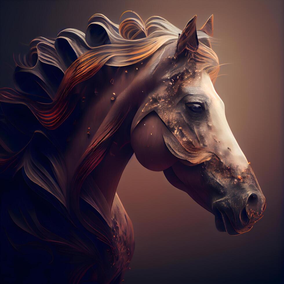 Horse head with flowing mane and mane. 3D rendering, Image photo