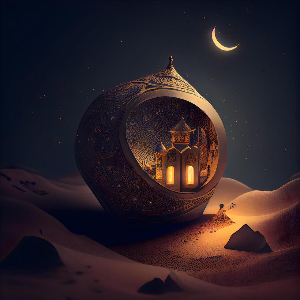 Illustration of Ramadan Kareem background with mosque and crescent moon, Image photo