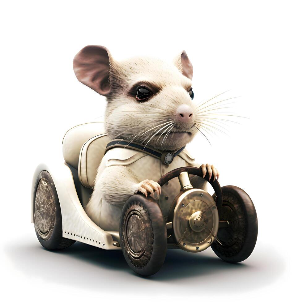 White mouse sitting on a vintage car isolated on a white background., Image photo