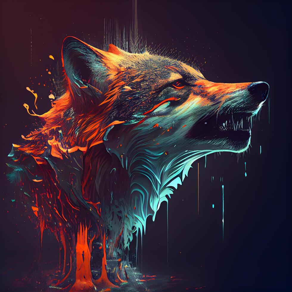 Digital illustration of a wolf head with colorful paint splashes on black background, Image photo