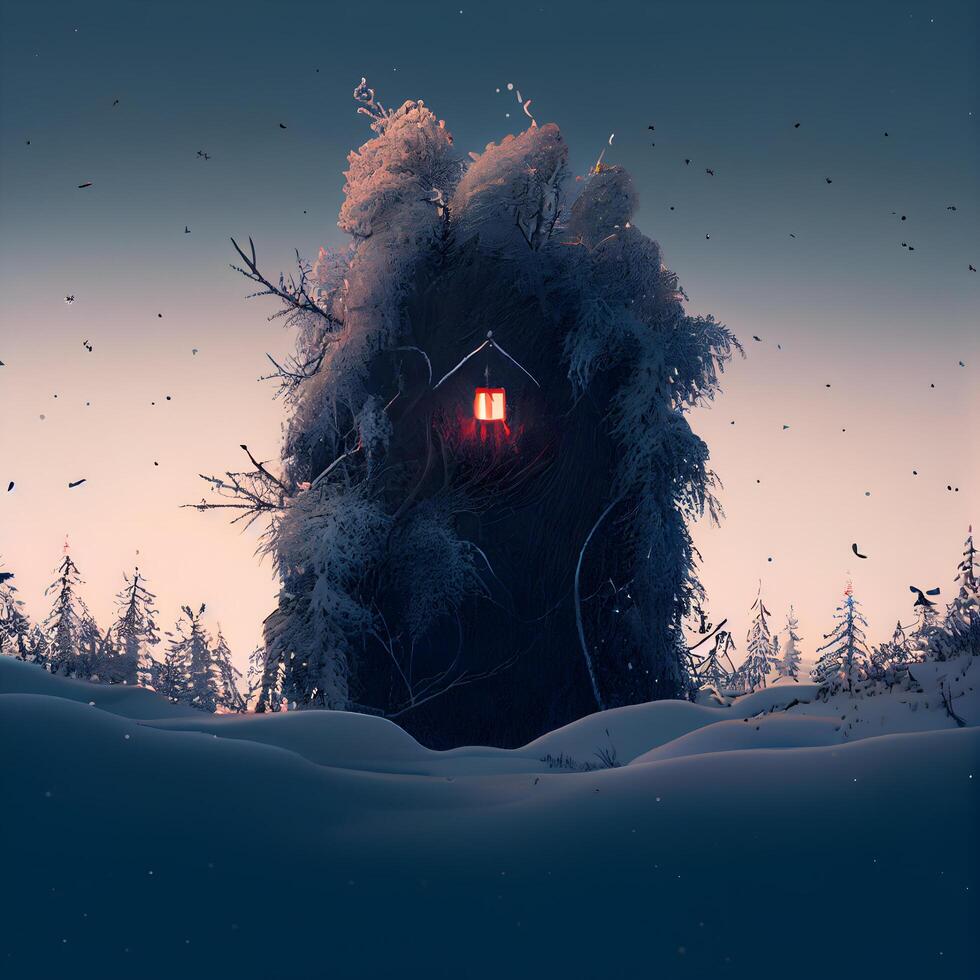 Fantasy winter landscape with a house in the forest. 3d rendering, Image photo
