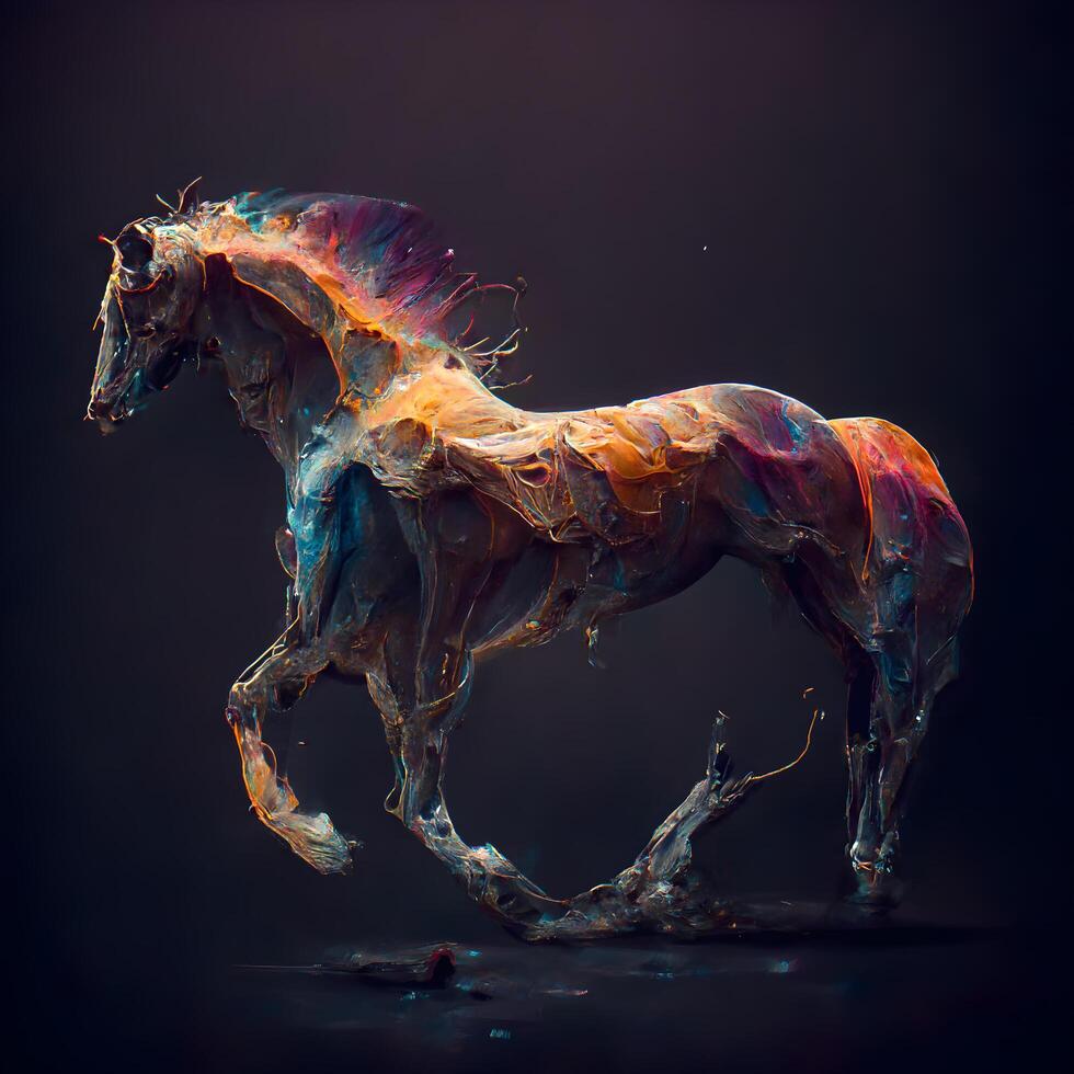 Horse with splashes of paint on a black background. 3d rendering, Image photo