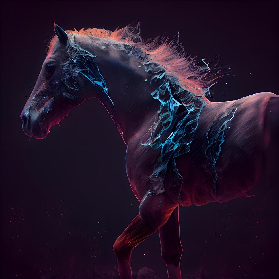 Horse with splashes of paint on a black background. 3d rendering, Image photo