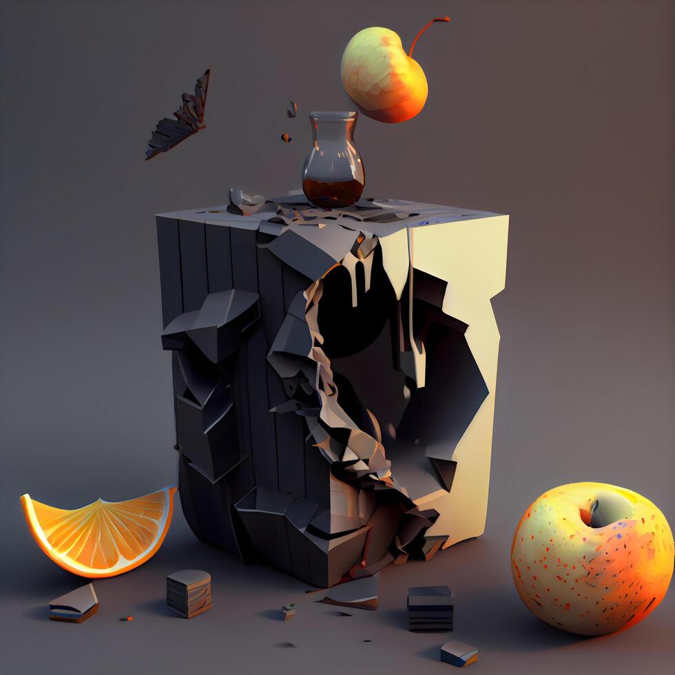 3d illustration of broken glass with apple and orange on dark background, Image photo