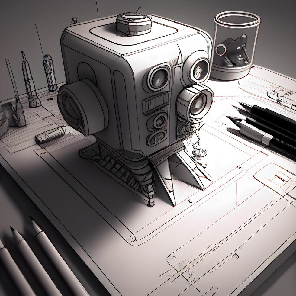 3d rendering of a vintage movie projector on a blueprint with pencils, Image photo