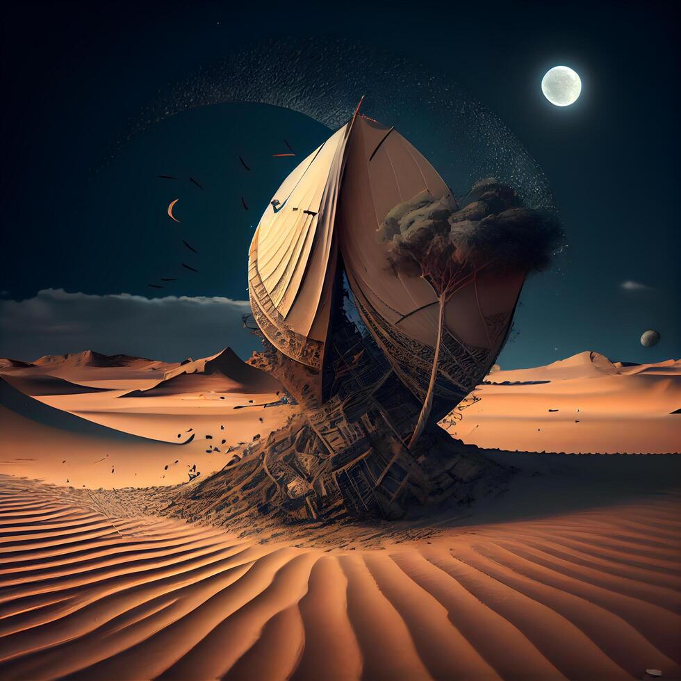 navegación barco en el desierto. 3d ilustración. fantasía., ai generativo imagen foto