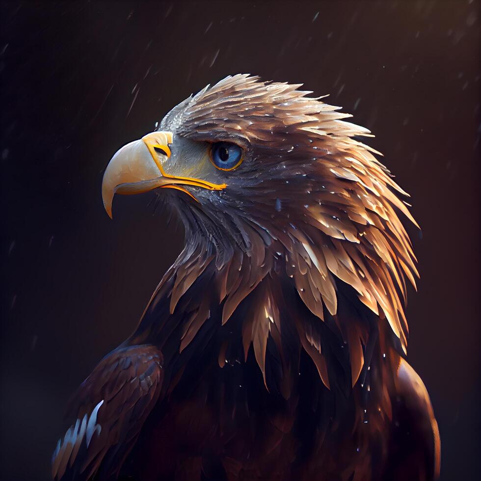 Beautiful eagle in the rain. Animal portrait on dark background., Image photo