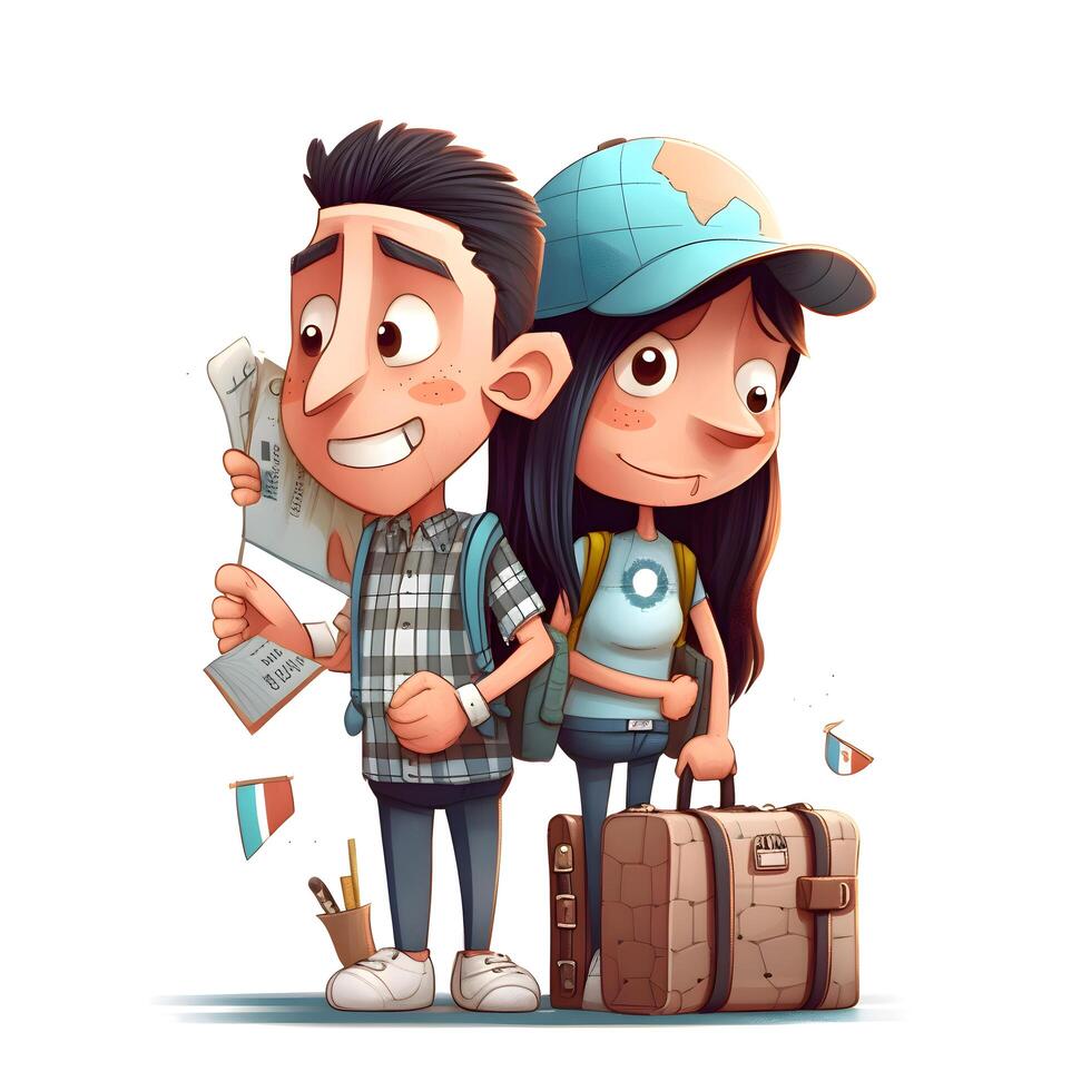 Couple of tourists with backpacks isolated on white background. Cartoon illustration., Image photo