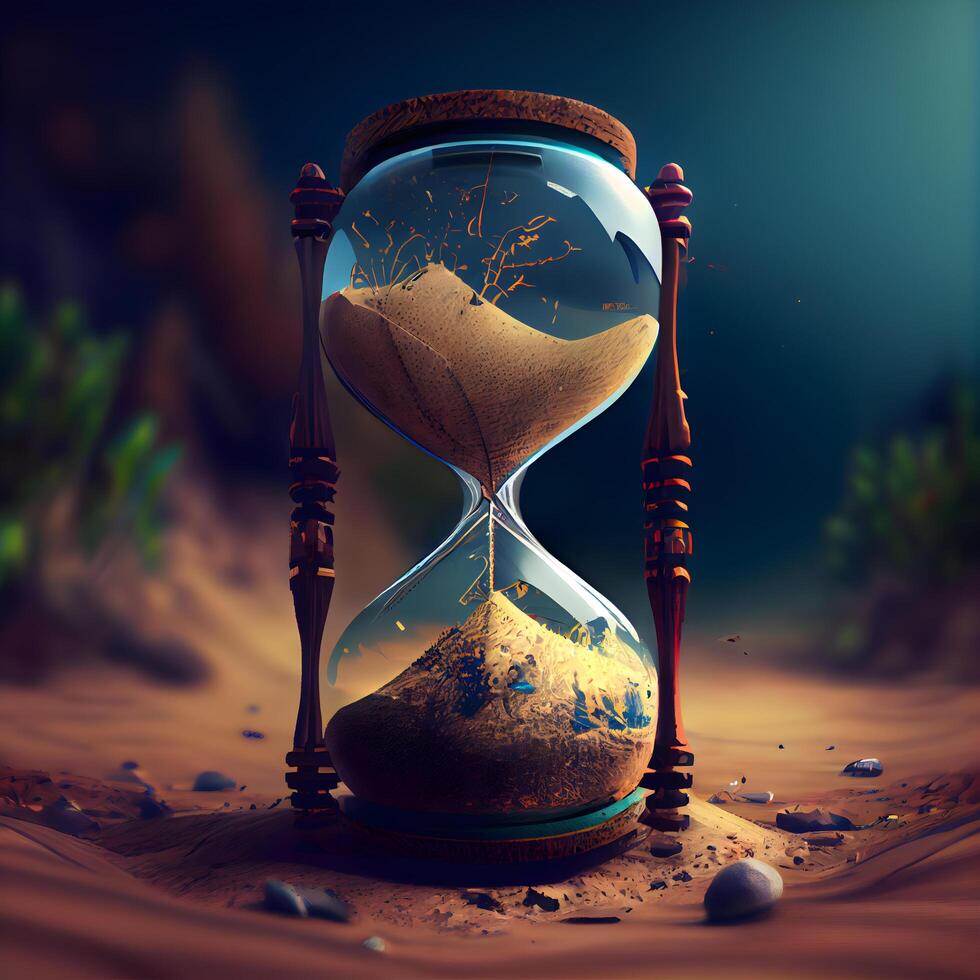 Hourglass with sand and tree in the desert. 3d rendering, Image photo