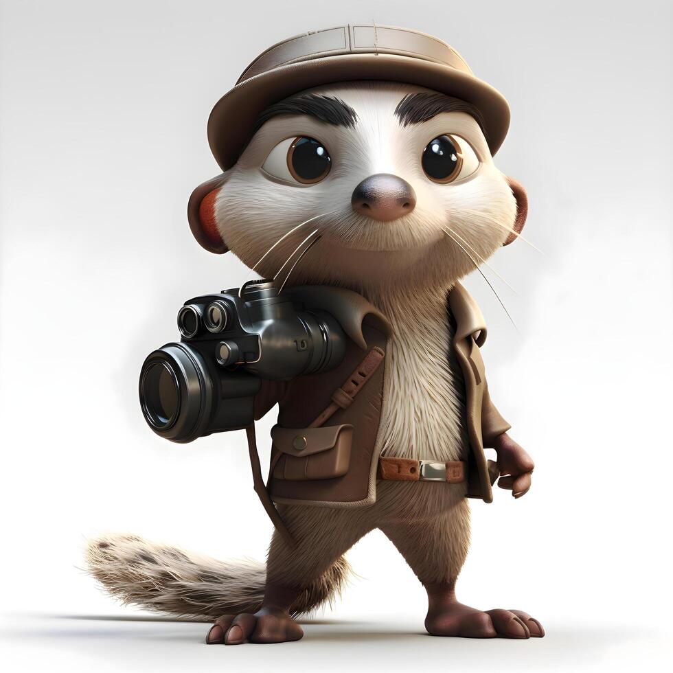 Cute ferret in safari hat with binoculars and camera, Image photo