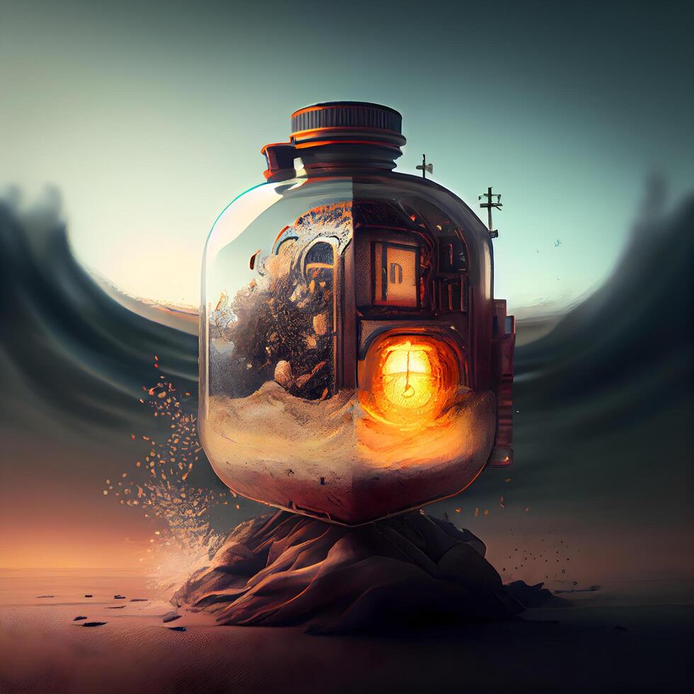 Spooky halloween background with spooky house in a bottle, Image photo