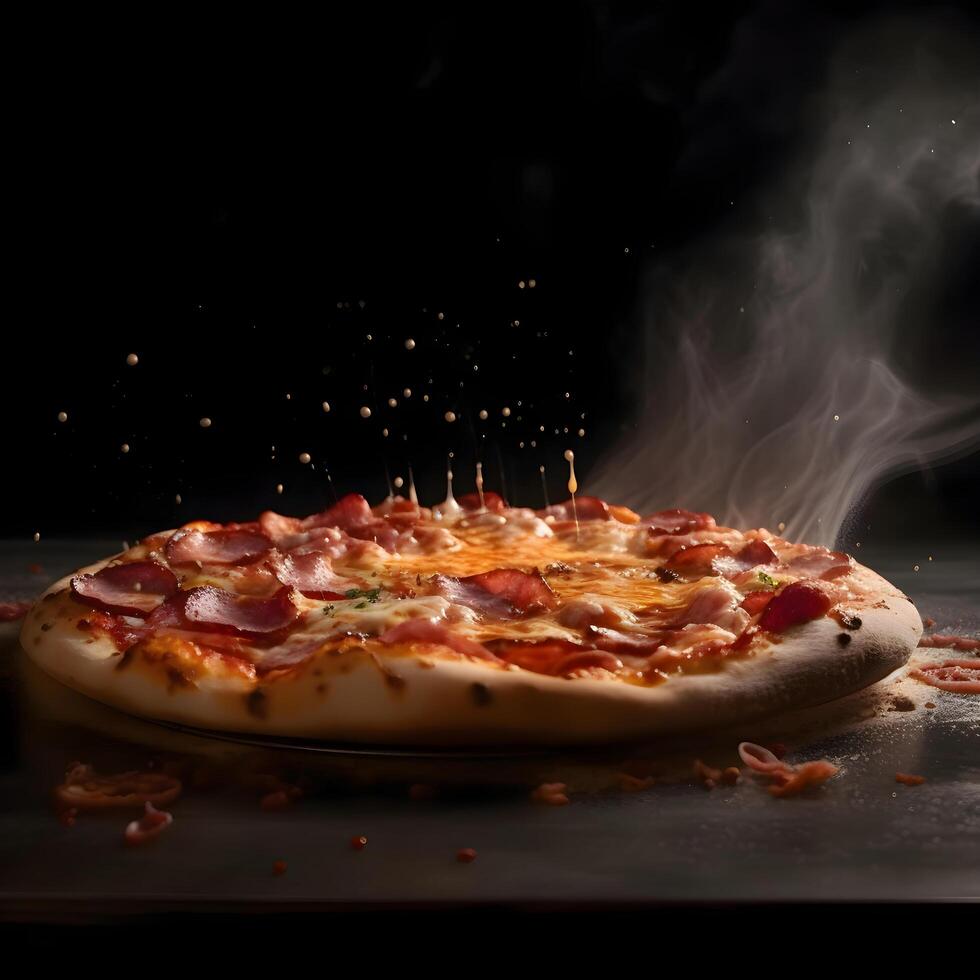 Pizza with tomato, cheese and mozzarella on a dark background, Image photo