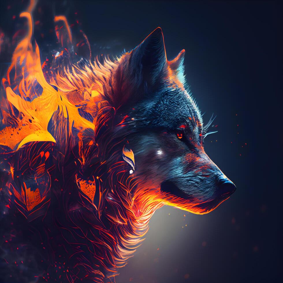 Illustration of a wolf head with fire effect in the background., Image photo