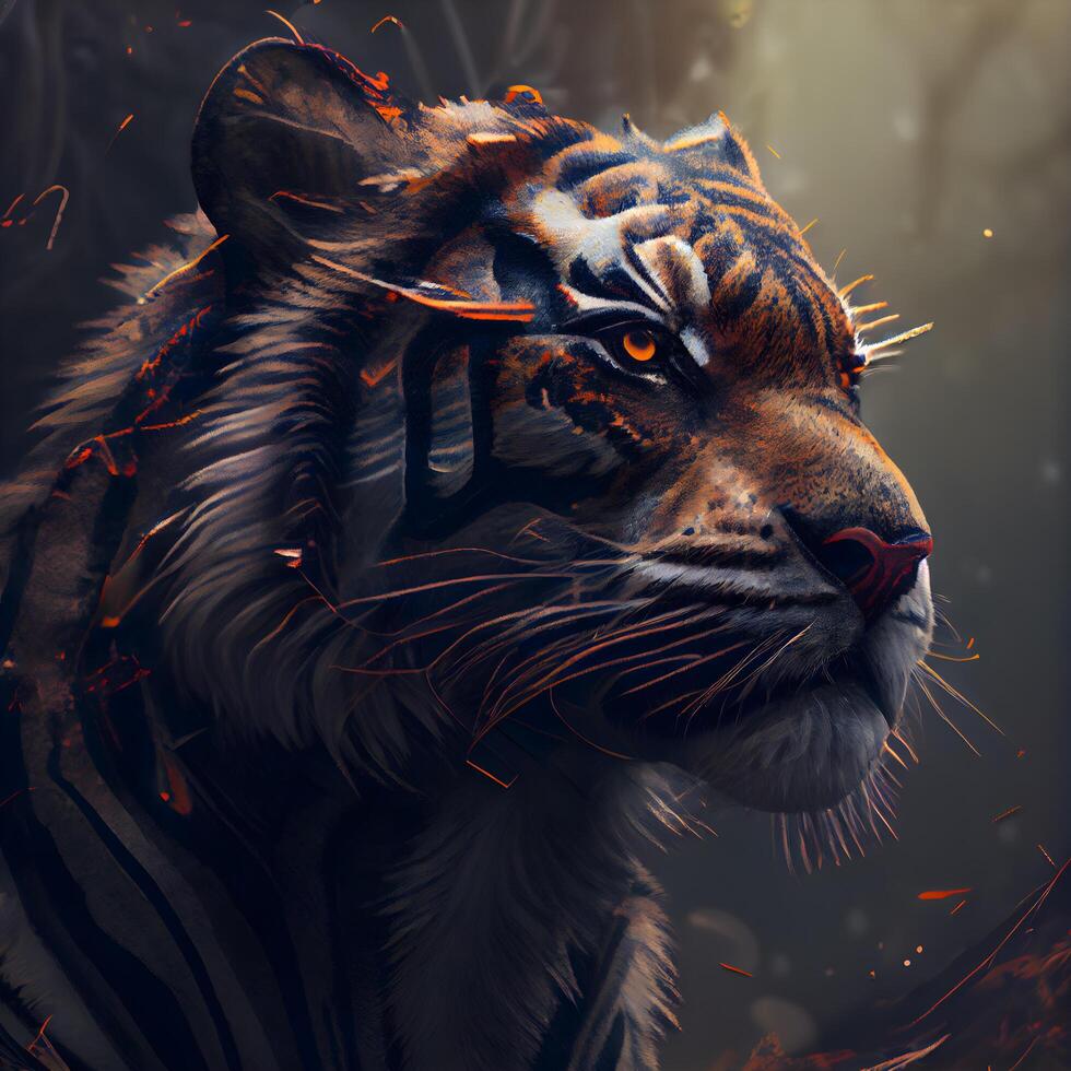 Portrait of a tiger with fire on the background of a forest., Image photo