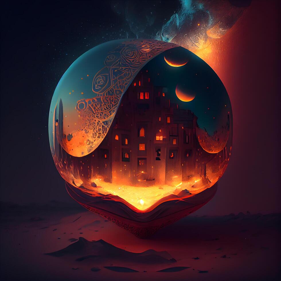 Magic crystal ball with house in the night. 3D illustration., Image photo