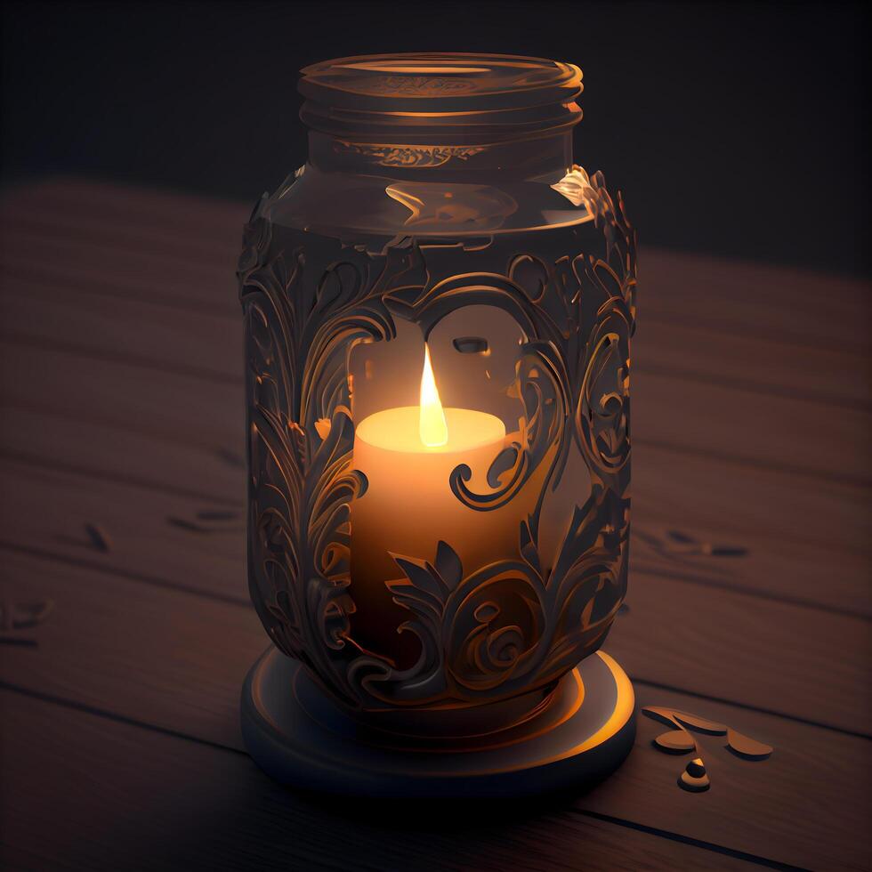 Candle in a glass jar on a wooden table. 3d illustration, Image photo